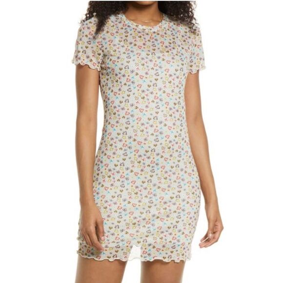 NORDSTROM B.P. Ditsy Floral Print Lettice Edge Mesh Bodycon T-Shirt Minidress - Picture 1 of 6